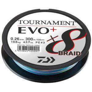 DAIWA Tournament x8 Braid EVO+, 300m, 0,12mm, 8.6kg / 18,96lbs, mehrfarbig, Geflochtene Angelschnur, 12762-112