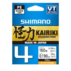 SHIMANO Kairiki 4, 150m, 0,19mm, 11.6kg / 25,57lbs, HI-VIS Orange, 4-fach Geflochtene Schnüre, LDM54TE1819015H
