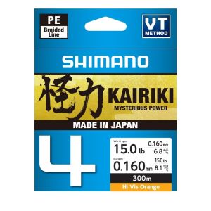 SHIMANO Kairiki 4, 300m, 0,16mm, 8.1kg / 17,86lbs, HI-VIS Orange, 4-fach Geflochtene Schnüre, LDM64TE1516030H