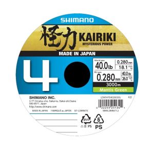 SHIMANO Kairiki 4, 3000m, 0,28mm, 26kg / 57,32lbs, Mantis Grün, 4-fach Geflochtene Schnüre