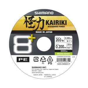 SHIMANO Kairiki 8+, 3000m, 0,2mm, 16kg / 35,27lbs, Mantis Green, 8-fach Geflochtene Schnüre
